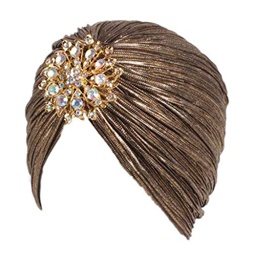 JERKKY Turban Hut 1 Stück Frauen Indian Turban Hut Kopf Wrap Plissee Soft Velvet Hair Hijab Caps mit Brosche Deep Gold Cover