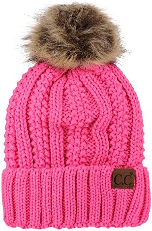 C.C Thick Cable Knit Faux Fuzzy Fur Pom Fleece Lined Skull Cap Cuff Beanie, Candy Pink