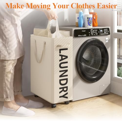 Image of Optish 50L Slim Rolling Laundry Basket with Wheels & Removable Bag, White