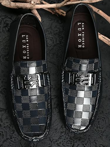 Image of San Frissco Men's Loafers Casual Driving Slip On Leather Shoes Textured Upper Soft Cushioned Footbed with TPR Sole Comfortable Lightweight Flexible for Party, Office 11 (Blue)