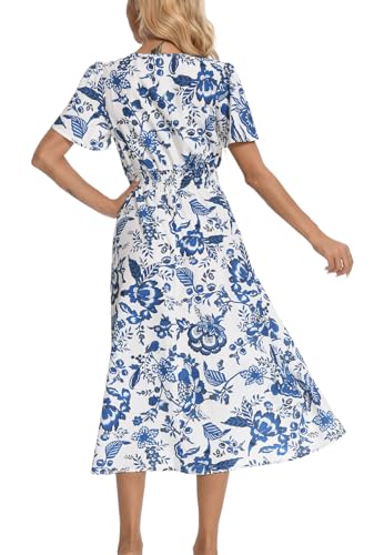 Image of Shineflow Women's Short Sleeve V-Neck 3 /4 Sleeve Button Up Chiffon Floral Pleated Midi Swing Dress with Belt