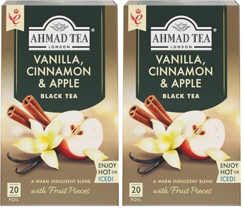 Ahmad Tea Vanilla Cinnamon Apple - Te negro con sabor a vainilla, canela y manzana - Bolsitas de te envueltas individualmente y selladas con aroma con 2 g de te por porcion - 20 bolsitas de te