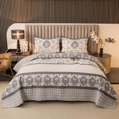 BEITE FIBER Nordic Style Queen Size Quilt Comforter Sets 3 Pieces Quilts (1 Quilt, 2 Pillow Shams) Nordic Bedding Set Printed Coverlet with Pillowcase Lightweight Bedspread Set for All Seasons(Grey)