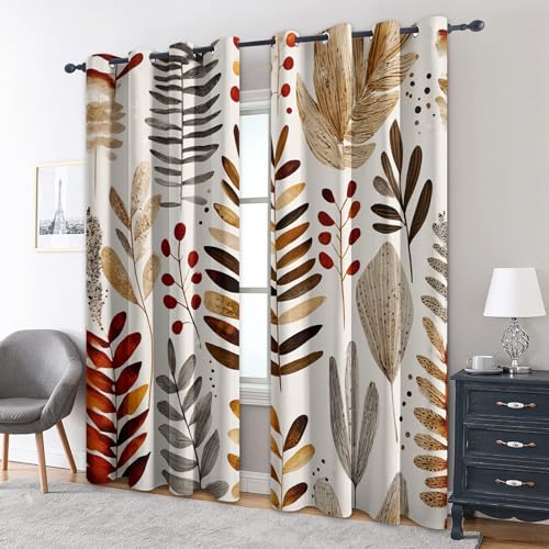 Générique Rideau Occultant Imprimé Feuille, Rideaux à Oeillets Thermique pour Chambre Salon, Motif Feuillage d'automne, L 140 x H 200, 2 Pièces,...