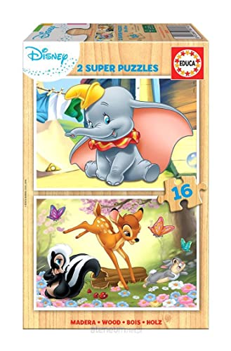 Educa - 2 Puzzles Infantiles de Madera ecológica con 16 Piezas | Disney Animals : Dumbo y Bambi....