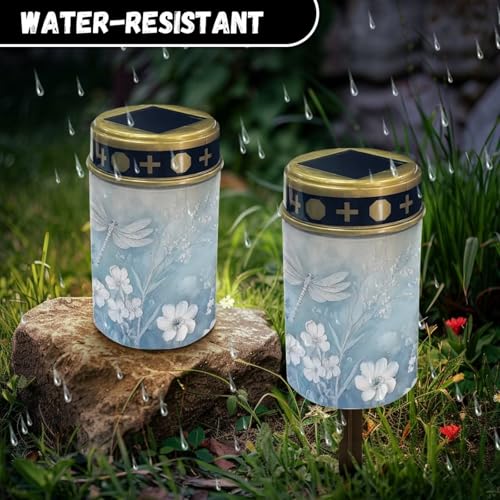 Image of Blue Dragonfly Cemetery Solar Lights Water Resistant LED Flameless Candle Grave Lights Solar Powered Grave Decor Memorial Gift Outdoor Garden Decor Light for Prayer 2 Pcs