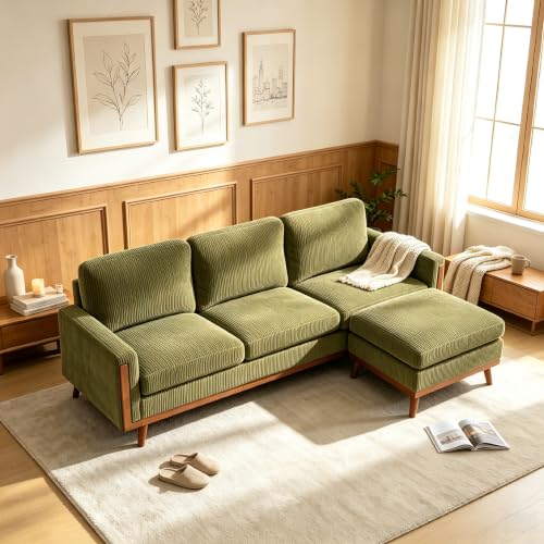 Green L-shaped sectional with separate movable ottoman — the detachable piece that lets one sofa serve two layouts