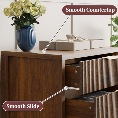 Image of Fluted Nightstand, 23.7'' Wide Night Stand with 3 Drawers, Mid-Century Modern Bedside Table with Handles, Wood End Table for Bedroom, Walnut