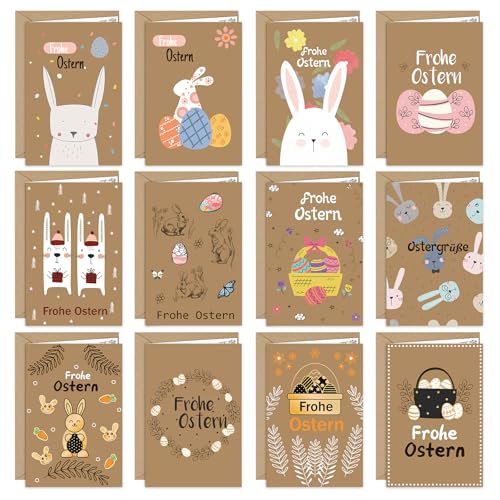 LETSHOLD 12er Osterkarten mit Umschlag Deutsch, Osterkarten Aufklappbar, Frohe Ostern Postkarten mit Osterhase und Ostereier, 12 Unterschiedliche Motive je 1 Stück (B)