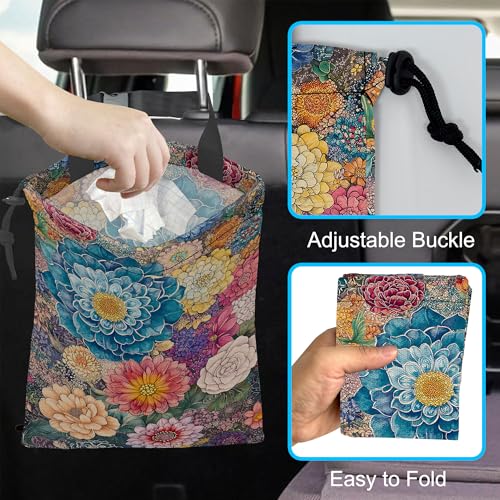 Image of Car Trash Bag Hanging Blooming Flowers Car Trash Can Waterproof Garbage Bag Hanging for Car Back Seat