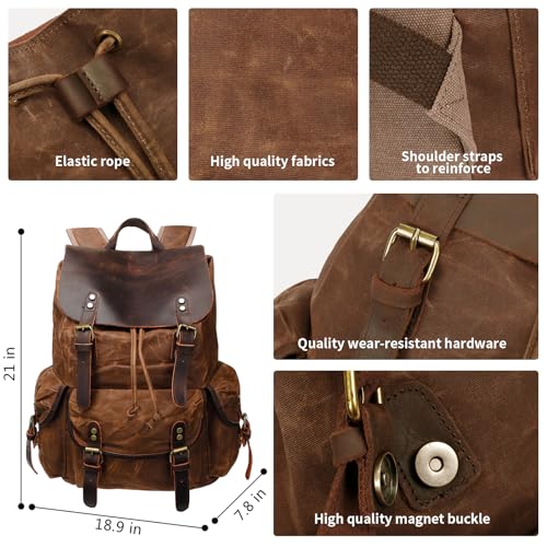 Image of HuaChen Vintage Waxed Canvas Backpack with Genuine Leather Flap, Travel & Work Rucksack, Water-Resistant Daypack with Anti-Theft Pocket, OVERSIZE - M80 Brown XL