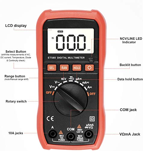 eventek Digital Multimeter, LCD Auto Ranging Multi Meter, Portable Tester Meter Electronic Measuring Instrument Audible Continuity Teste (ET580 Digital Multimeter) - Thumbnail 4