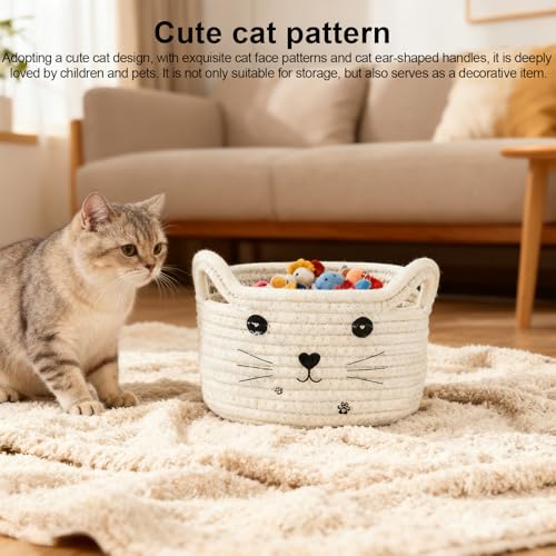 DIYCUT Aufbewahrungskorb Katzenform, Baumwollseil Geflochtene Korb, Klein Spielzeugkorb, Weiße Aufbewahrungskorb Rund, für Aufbewahrung von Handtüchern, Spielzeug, Kosmetik