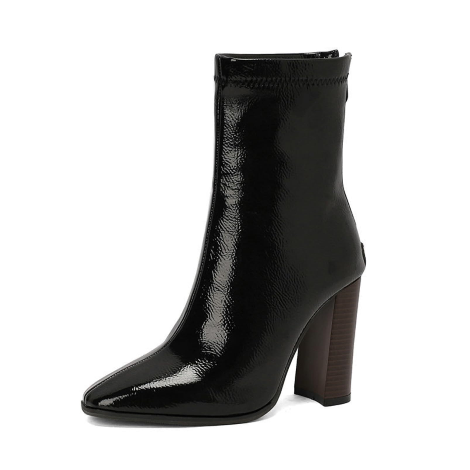Womens Square Toe Chunky Heel Ankle Boots Back Zip Waterproof Leather High Heel Booties for Outdoor Winter Biker