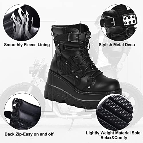 Image of Gothniero Platform Goth Ankle Boots for Womem Black Holographic Combat Chunky Heel Boots with Side Zip Lace Up Wedge Booties US5.5-11