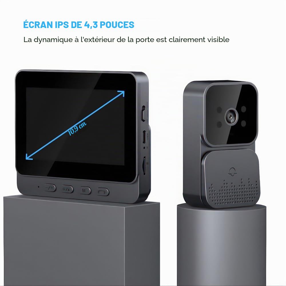 Visiophone, 4.3 pouces Vidéo Interphone Visiophone Portier sans Fil, caméra de sonnette avec moniteur, Détection Humaine, Audio Bidirectionnel, La Fonction de Vision Nocturne+ 64G carte mémoire