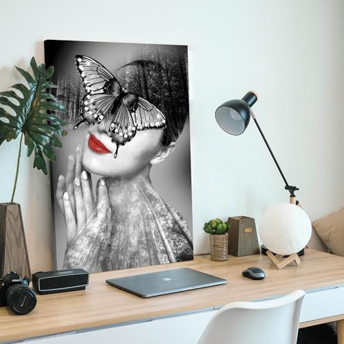 Image of PAINTINGMANTRA Stretched Modern Canvas Wall Art Painting, Women Butterfly Black & White Artwork for Living Room, Home, Bedroom, Office Decoration (Set of 1, 16x22 Inch)