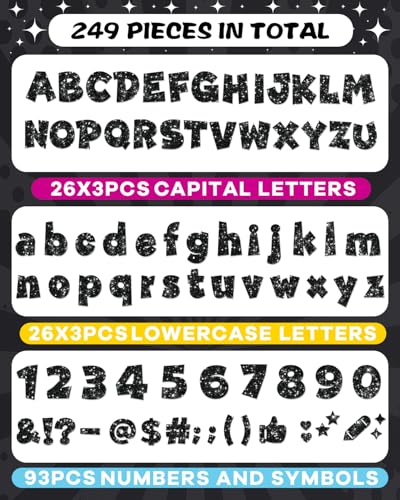 Image of 249 Pcs Glitter Bulletin Board Letters, Numbers and Punctuation 4 Inch | Cut Out Letters for Bulletin Board Decorations, Poster Board Letters Alphabet Cutouts for Classroom Wall Decor (Black)