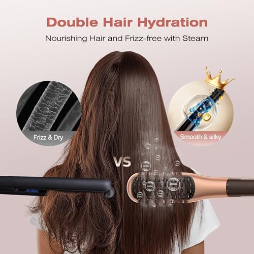 Image of Steam Hair Straightener Brush, Steamline Pro 3 in 1 Straightening Brush, Curly & Frizzy Hair,Smooth Without Flattening, 5 Temp Settings & LED Display, Dual Voltage, Professional Tools, Elegant Orange