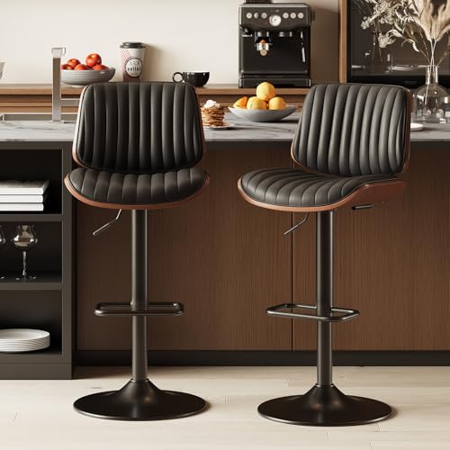 Image of MALOL Bar Stools Set of 2, Adjustable Counter Height Bar Chairs 26 inch-34.5 inch with Swivel & Footrest, Modern Faux Leather Barstools for Kitchen Island, Dining Room,Pub,Black