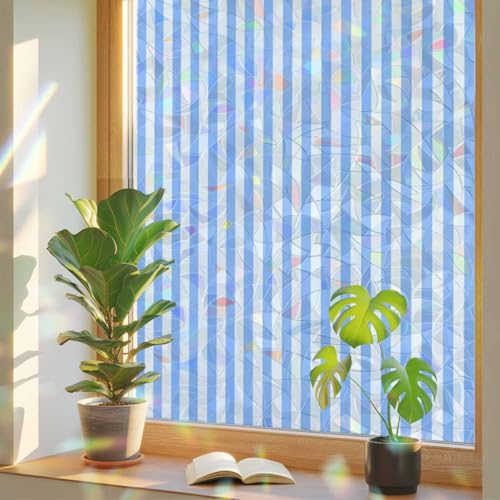 Película de privacidad para ventana en franjas azul y blanco miniatura 1