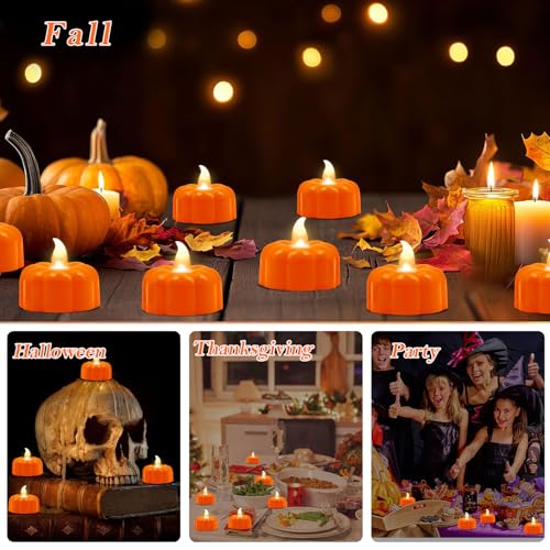 Image of Pumpkin Tea Lights Fall Decorations for Home, 12 Pack LED Orange Pumpkin Lights FlameLess Candles Battery Operated Thanksgiving Flickering Tealights Candles for Table Home Party Halloween Decor