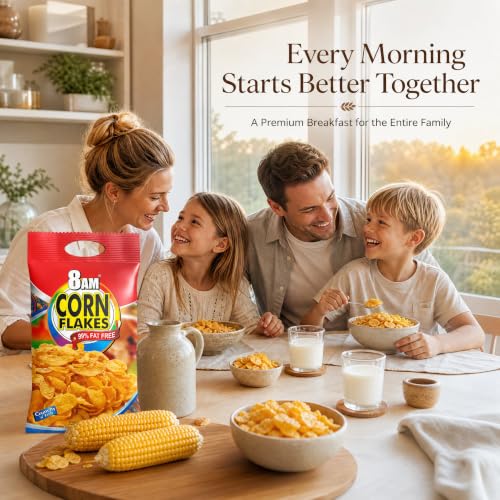 Image of 8AM Corn Flakes 500 Gram (Pack Of 2), 92% Corn, 99% Fat Free, No Cholesterol, Trans Fat, Artificial Additives, Vitamins B1, B2, B3, B6, B9, Iron, Calcium, Crunchy & Nutritious Cereal