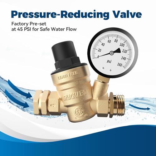 Image of RVGUARD RV Water Pressure Regulator Valve, CSA Approved, Lead-Free Brass Adjustable Water Pressure Reducer with Gauge and Inlet Screen Filter for RV Camper Travel Trailer (Pack of 2)