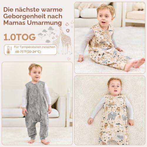 Unnivoll Baby Schlafsack mit Füßen 1,0 Tog – 2er Pack Baumwolle, 80 cm, Aprikose & Grauer Elefant – Bild 7