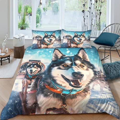 Funda nórdica de impresión digital 3D diseño de perros nórdicos tacto suave con cremallera 2