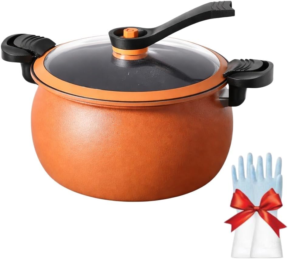8QT Micro Pressure Cooker Pot, Large Capacity Non Stick Cooking Pot with Low Pressure Steam Valve, Family Size Stew Pot for Soup, Noodles, Compatible with Gas, Induction & Electric Stovetops (Orange)
