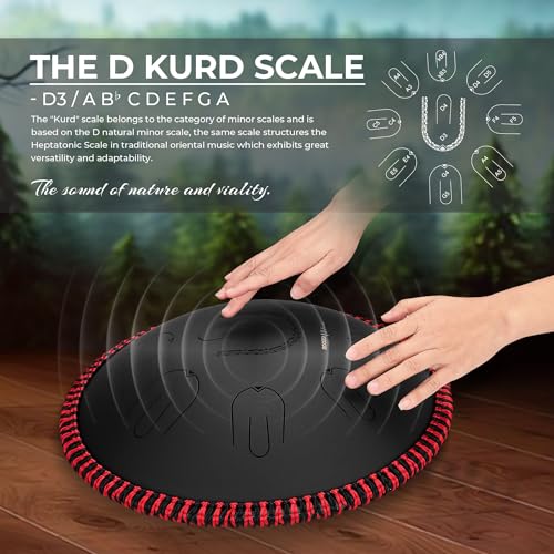 MOOZICA Steel Handpan Tongue Drum, 14\" Portable D-Kurd Scale Tongue Drum With Octave Overtone Design, Handpan Drum for beginner and professional (D-Kurd,Black)