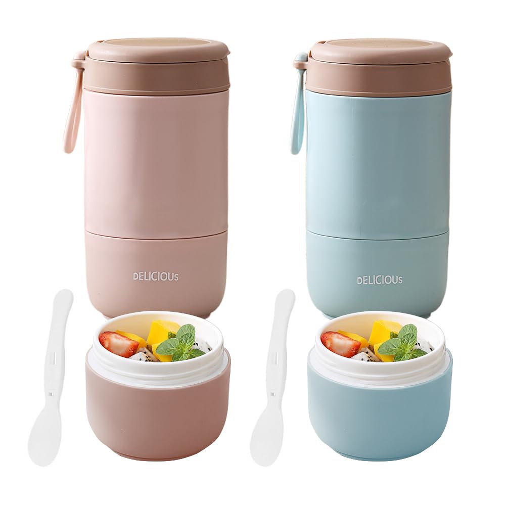 CEWROM Kubek na musli To Go z pokrywką, 2 szt. pojemników termicznych na jedzenie 730 ml, tworzywo PP, owsianka, łyżeczka na wynos, dwuwarstwowe kubki na musli