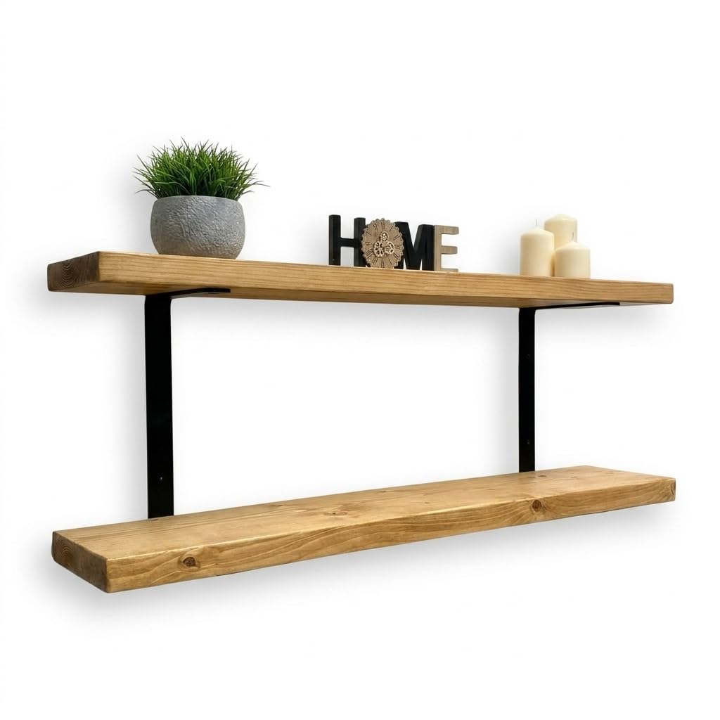 MKGT Rustic Floating Shelves Solid Wood Wall Mounted Shelves Set of 2 with Black Steel L Brackets – Kitchen Living Room Hallway Shelf (140cm)