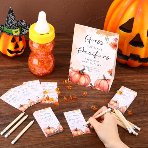 Image of Roowest 512 Pcs Baby Shower Games Guess How Many Pacifiers Sign 100 Small Guessing Games 10 HB Pencils 750ml Milk Bottle 400 Acrylic Pacifiers Decoration for Guest Gender Reveal(Pink,Pumpkin)