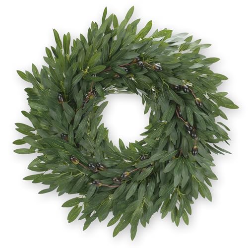 24 Inch Olive Wreath for Front Door, Spring Summer Wreaths for Front Door with Faux Grapevine Base, Artificial Greenery Wreath for Year Round Farmhouse Porch Wall Window Decor