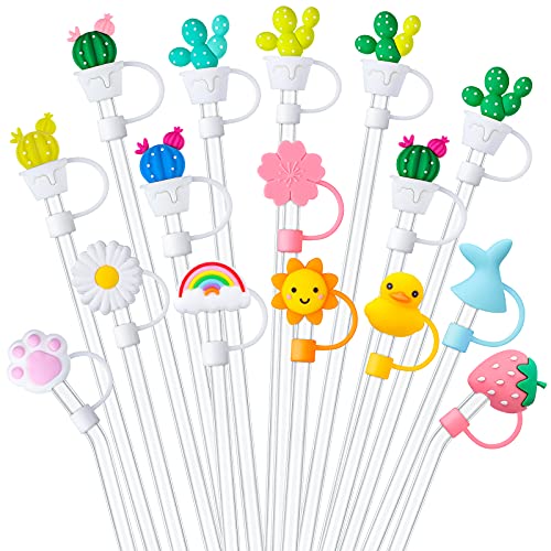 Image of 16 Pieces Silicone Straw Tips Covers Reusable Drinking Straw Tips Lids Anti-dust Silicone Straw Caps for 7-8 mm Straws Airtight Seal Splash Proof Straw Tips Covers (Cactus Flower Style)