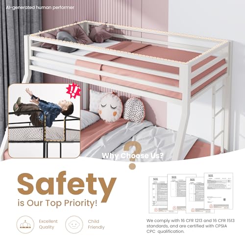 Image of SHA CERLIN Bunk Bed Twin Over Full Size with Ladder and Guardrail,White | Heavy Duty,Metal Slats Support,No Box Spring Needed,Small Space Saving Furniture for Bedroom Dorm