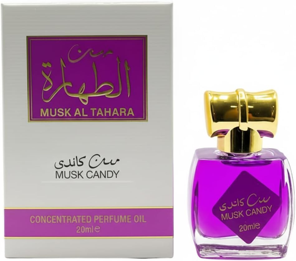 Aceite perfumado concentrado Musk Al Tahara Musk Candy, 20 ml, botella morada con tapa dorada.