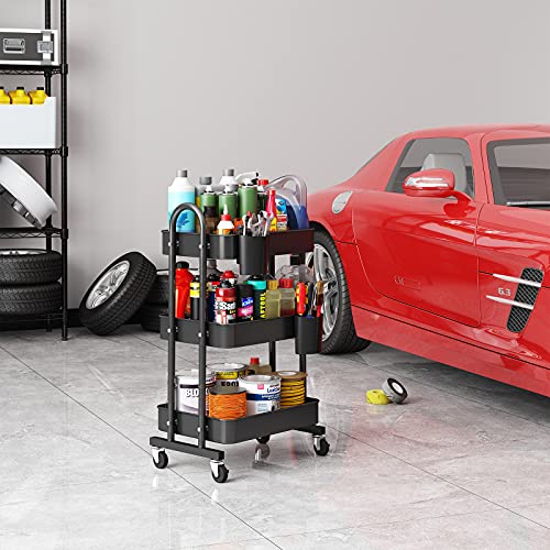 Leguang 3-Tier Rolling Utility Cart Storage Shelves Multifunction Storage Trolley Service Cart With Mesh Basket Handles And Wheels Easy Assembly For Bathroom, Kitchen, Office (Black) #TOP5