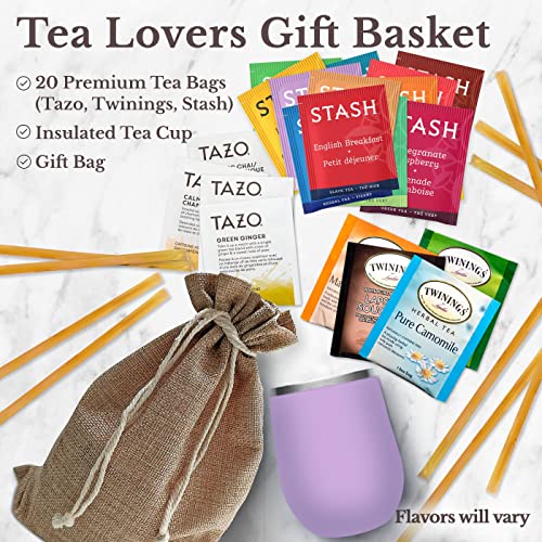 Bellina Tea Gift Baskets For Women And Men - Birthday Tea Collection Gift Set - Herbal Tea Gift Sets For Tea Lovers - Insulated Tea Cup, 20 Premium Teas, 10 Honey Straws, Gift Tag, Natural Gift Bag #TOP1