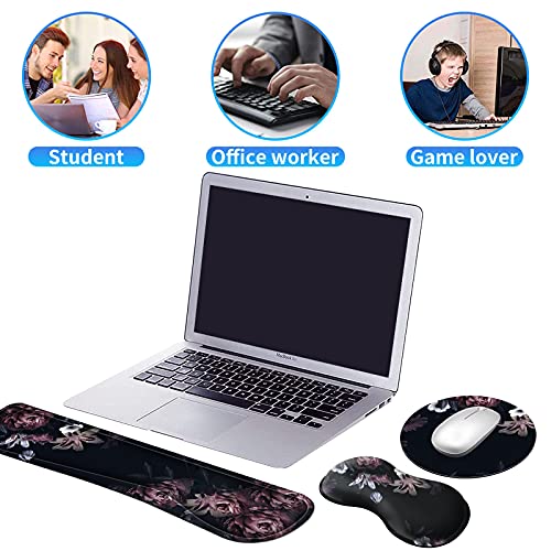 Dikoer Ergonomic Keyboard Rests Pad With Gel Memory Foam Wrist Support Pad And Round Mousepad + Coasters, Easy Typing & Pain Relief Wrist Rest Pad Set For Laptop Office Gaming Home, Peony Flower #TOP3