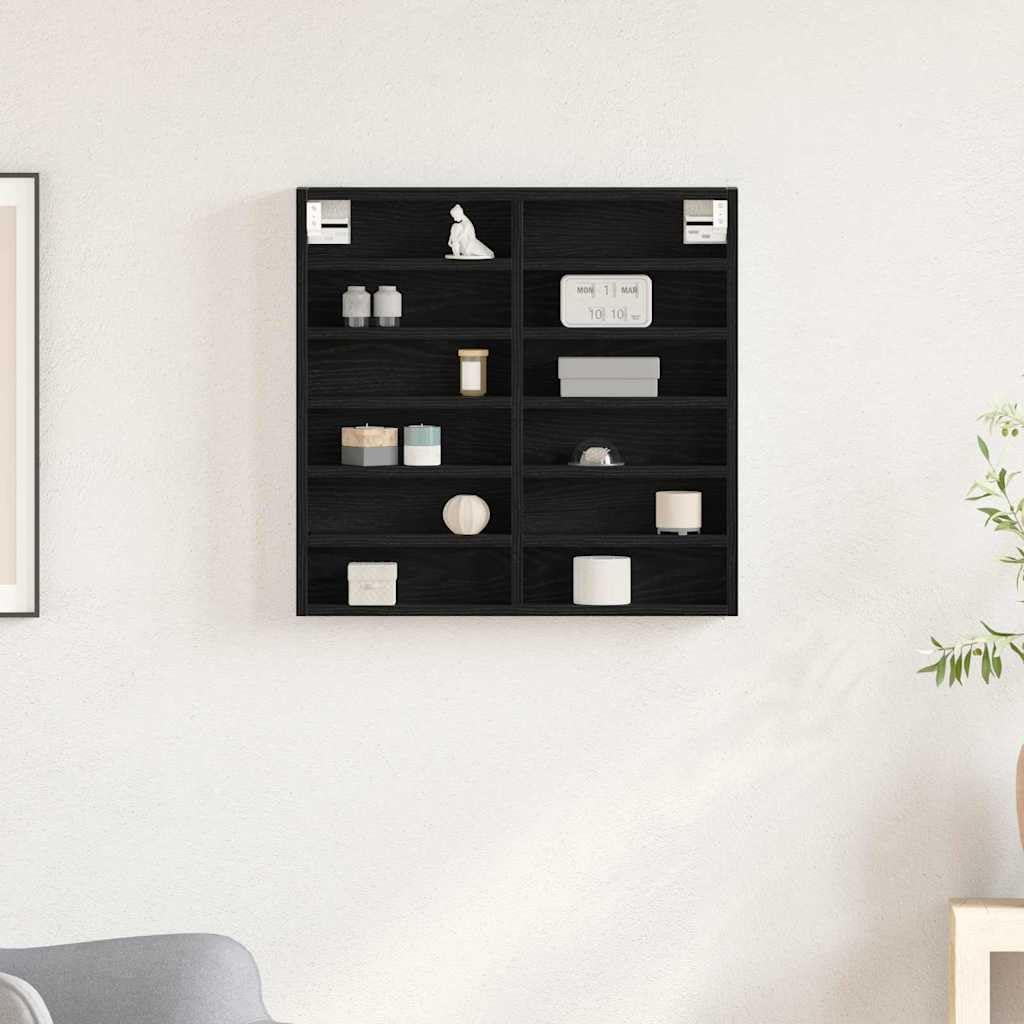 Vitrine Wandhalterung Schwarz Eichen-Optik Holzwerkstoff 60 x 8,5 x 58 cm mit 16 Regalen für Wohnzimmer Schlafzimmer Flur Büro platzsparend und vielseitig