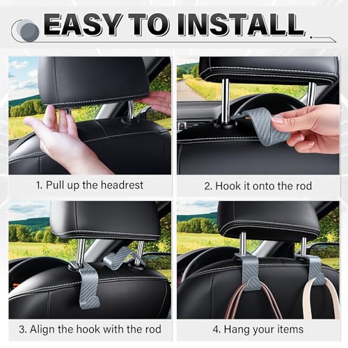 Image of SINGARO Universal 4 Pack Car Seat Headrest Purse Hook, Carbon Fiber Back Seat Hook Storage Organizer Hanger for Purse Handbag Coat, Car Interior Accessories(Gray)