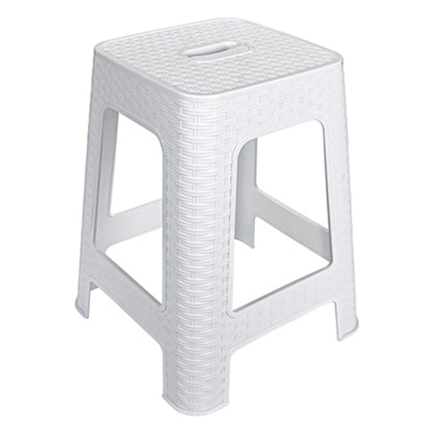 AC - Taburete de plástico Rattan con asa y Asiento de 28 x 28 cm - Imitación de Mimbre, banqueta Multiusos, Cocina - Fabricado en España (Blanco - 45,5 x 36,7 x 36,7 cm)