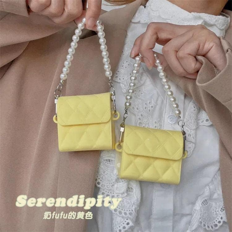 Image of Soomio Designer for Women's Premium 3D Adorable Cool Cartoon Silicone for AirPods Pro (2019) Pouch Case Pearl Chain Soft Cover Box with Wireless Charging (Yellow)