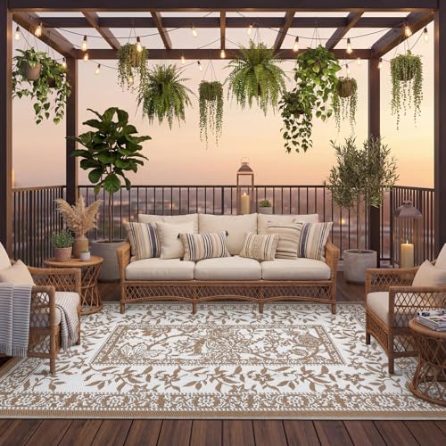 GarveeHome Outdoor Rug 8x10 Patio Waterproof, Reversible Plastic Straw Camping Rug, Botanical Grove Vintage Cottage core Outdoor Mat for RV, Deck, Picnic, Beach, Backyard, BrownWhite Brown/W