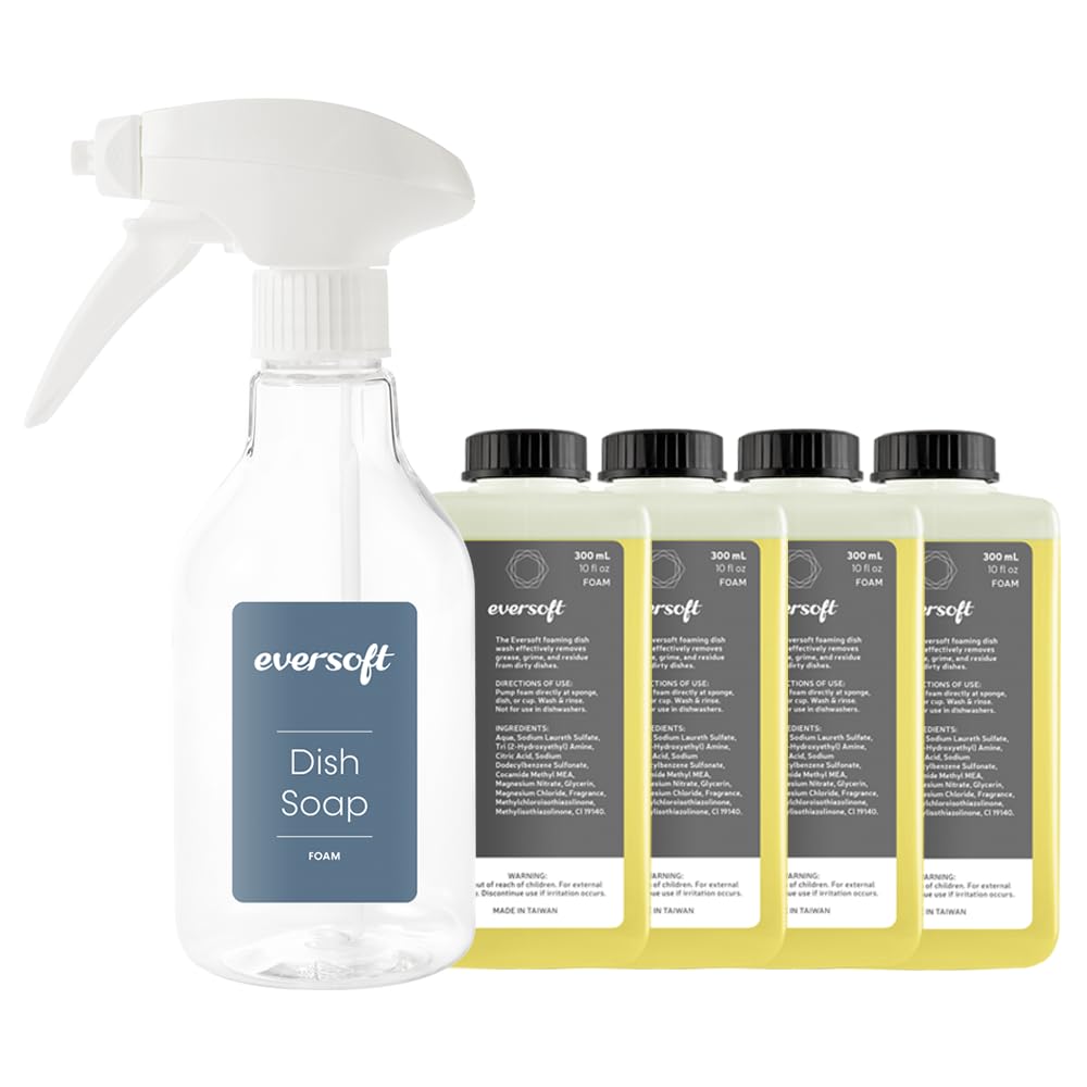 EZBRND Eversoft Foaming Jet Dish Spray Trigger Bottle + 4 Refill Dish Foam Soap Bundle