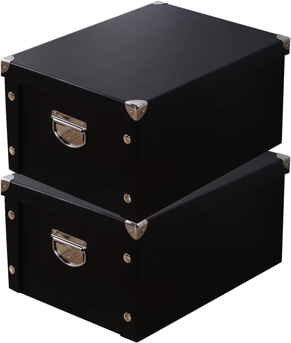 GUOZI Collapsible Storage Box, Decorative Memory Box with Lid & Metal Reinforced Corners, Organizer Gift Box for Keepsake Toy Photos Office Nursery Wardrobe Bookshelf (2Pcs-Black, 35*25*17.5cm)