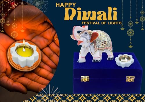 Diwali Gift Set with Handcrafted 5-Inch Marble Elephant & 3-Inch Marble Diya - Ideal for Home Decor, Vastu, Feng Shui, Weddings, Housewarming & Corporate Gifts — photo — 4 of 9